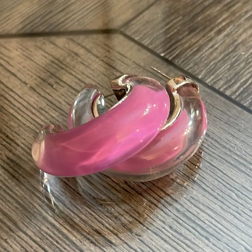 Anthropologie Chunky Resin Hoop Earrings Chic Silver-tone & Purple Lucite Hoop